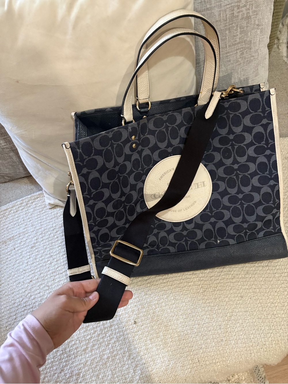 COACH Navy Signature Canvas Tote with Cream Trim and Black Strap - Picture 11 of 12